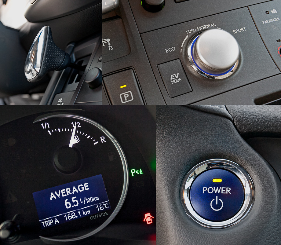             <ul><li>Селектор планетарной трансмиссии перемещается по h-образному пазу, но не фиксируется в крайних положениях. Это требует привычки. Особенно неудобно то, что силовой режим B нельзя выбрать сразу из «паркинга», а только после тычка в Drive. </li><li>«Контроллер настроений» тоже подпружинен и всегда возвращается в исходную позицию. Алгоритм ECO подразумевает вялые отклики на подачу топлива, невысокие обороты двигателя, лёгкий руль и строгий контроль системы стабилизации. Климатическая установка работает в энергосберегающем режиме, а блок управления силовой электроникой ограничивает напряжение в системе на уровне 500 В. </li><li>В режиме «спорт» напряжение поднимается до 650 В, ДВС становится отзывчивее и оборотистее, электроусилитель обеспечивает более плотное стабилизирующее усилие, а система стабилизации ослабляет поводок. Чтобы вернуться в режим по умолчанию Normal, нужно нажать на серебристую шишку. В этом случае панель приборов снова окрашивается в экономичный синий. </li><li>Клавиша EV активирует режим электромобиля.</li></ul>
