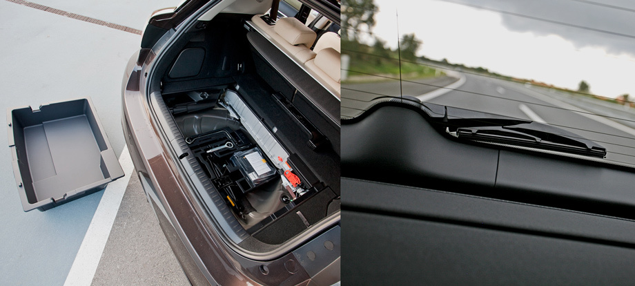             <ul><li>Поскольку батарея находится над осью, то между ней и задней стенкой кузова есть место для вместительного подполья, оборудованного практичным съёмным корытцем. Однако в российской спецификации оно, скорее всего, будет принесено в жертву запасному колесу. </li><li>Функциональность крохотного дворничка в нашем климате вызывает сомнения.</li></ul>
