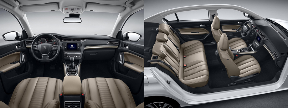 В салоне всё по-прежнему: аналоговая приборка, центральный дисплей диагональю 9,7 дюйма, кожаная отделка, хромированные детали, вставки «под дерево». Российскому Peugeot 408 с пятидюймовым экраном и без кнопок на руле есть чему позавидовать.