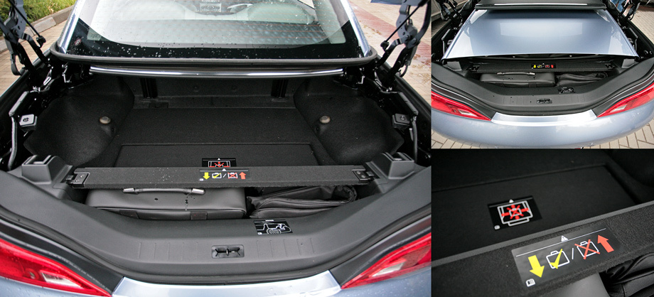 С поднятой крышей багажник G-кабриолета не так уж и мал — 333 литра. А уж коли сложил — не обессудь.