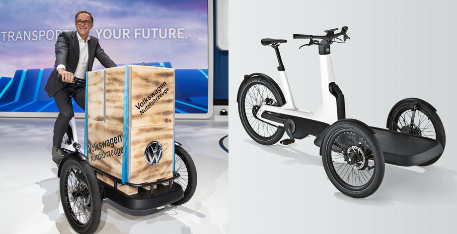 Велосипед Cargo e-Bike — инструмент для курьеров и почтальонов. Можно крутить педали, а можно использовать 250-ваттный электромоторчик. Платформа за счёт хитрого сочленения остаётся горизонтальной, в то время как сам велосипед наклоняется в поворотах. Грузоподъёмность — 210 кг (с водителем). Самый маленький коммерческий аппарат с шильдиком VW поступит в продажу в 2019 году. Выпускать его будет завод Фольксвагена в Ганновере.