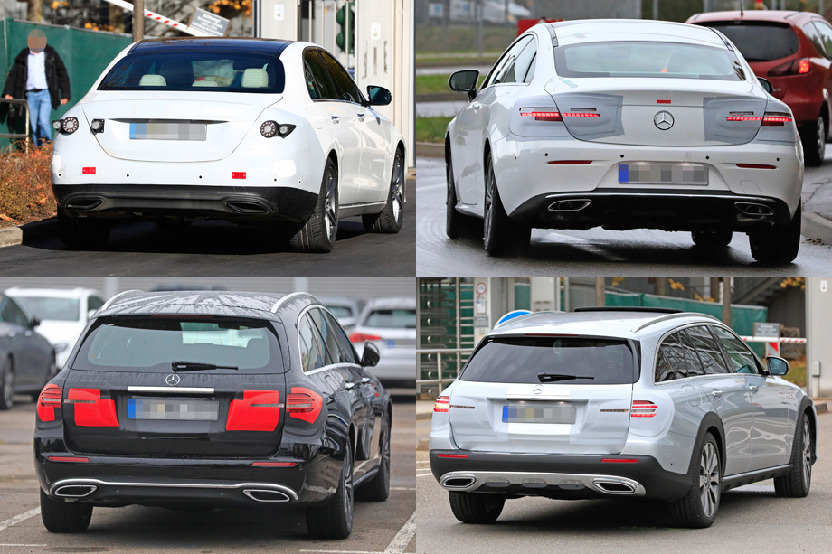 Сзади на тестовом седане была временная оптика, законченный вид его корма примет позднее, но зато родные фонари установлены на купе и универсалах Е-класса.