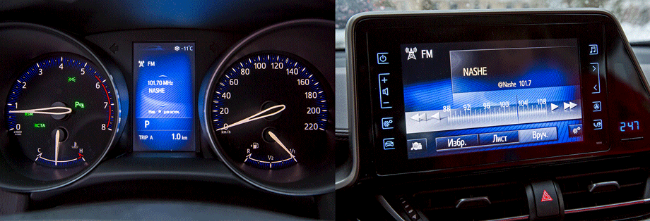             На удобных приборах Тойоты затерялся мелкий индикатор наружной температуры. Через меню борткомпьютера можно выбрать один из трёх ездовых режимов. Медиасистема огорчает низким разрешением экрана и крошечными сенсорными кнопками по бокам дисплея.
