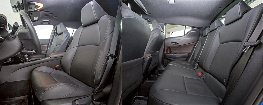             У кресел C-HR ― механические основные регулировки и электропривод подушки поясничного подпора. Коротковатая подушка интенсивно держит за ягодицы. Сзади можно недурно разместиться вдвоём.
