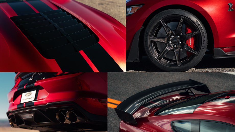             Для GT500 предложены пакет Handling Package (регулируемые верхние опоры передних стоек и закрылок Герни на спойлере), а также Carbon Fiber Track Package (сплиттер с дополнительной аэродинамической плоскостью, углепластиковые антикрыло с регулировкой и колёсные диски, шины Pilot Sport Cup 2 и удаление заднего дивана).
