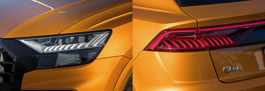             Диодные фары за доплату в 96 805 рублей могут стать адаптивными матричными. Ещё такие включены в пакет Design за 750 тысяч вместе с другими опциями. При отпирании машины Q8 демонстрирует небольшое световое шоу.
