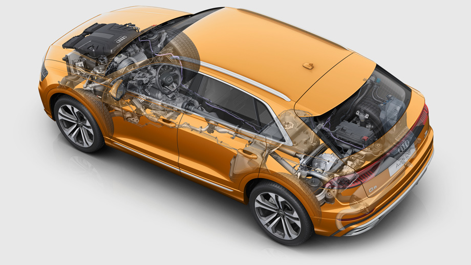             Кроссовер Audi Q8 построен на модульной платформе MLB второго поколения (MLB evo) и по шасси практически полностью аналогичен модели Q7. Базовое рулевое управление ― с электроусилителем и переменным шагом зубьев рейки. На заказ предлагается полноуправляемое шасси, включающее в себя активный передний рулевой редуктор и механизм, поворачивающий задние колёса на угол до полутора градусов в том же направлении, что и передние, и до пяти ― в противоположном. Диаметр разворота с ним уменьшается на метр.
