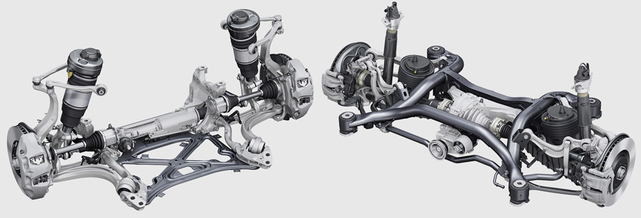             Передняя подвеска двухрычажная, сзади — алюминиевая многорычажка на подрамнике из высокопрочной стали. «В базе» — пружины, за доплату — регулируемые пневмостойки: дорожный просвет изменяется в пределах от 170 мм до 260 (164–254 по другим данным). Предусмотрен отдельный режим для погрузки, когда кузов опускается на 65 мм относительно стандартного положения.
