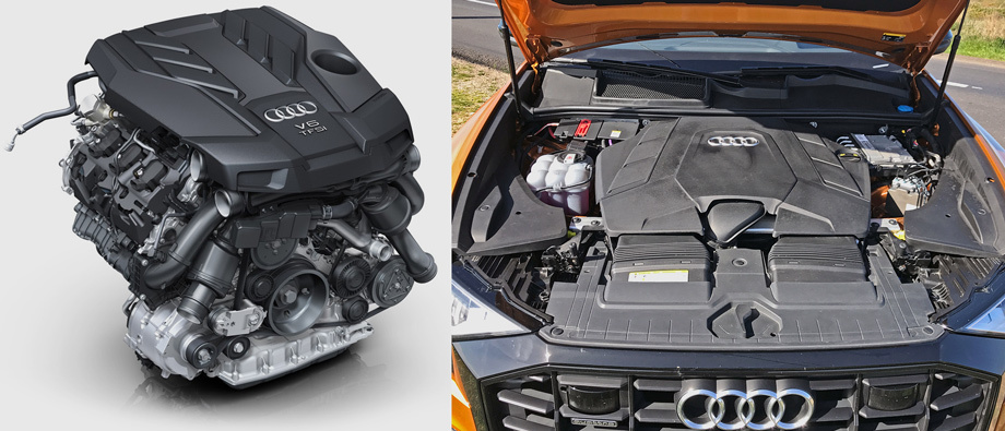             Наддувный двигатель V6 3.0 TFSI семейства EA839 с единственным турбокомпрессором в развале алюминиевого блока и тонкостенными чугунными гильзами выдает 340 сил при пиковом моменте 500 Н•м. Особенность мотора — высокая геометрическая степень сжатия 11,2:1. На частичных нагрузках он работает по оптимизированному циклу Миллера с ранним закрытием впускного клапана на такте впуска. Топливная система развивает давление до 250 бар, фазовращатели установлены на обоих распредвалах, а на впуске использована ещё и система изменения хода клапанов. Из-за высокой тепловой нагруженности перепускной клапан турбины имеет не модный нынче электропривод, а управляется по старинке через соленоид и вакуумный исполнительный элемент.
