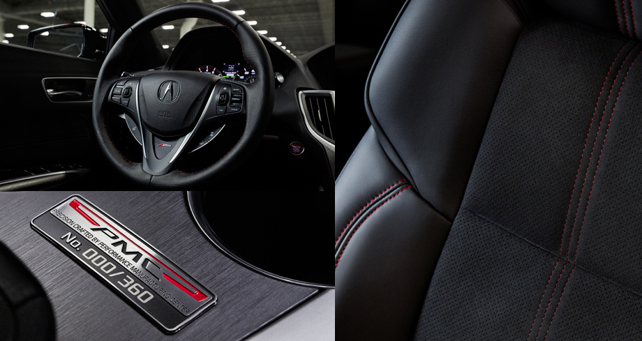             В салоне TLX PMC Edition появились чёрная кожа Milano с красной прострочкой на креслах, дверях и центральном подлокотнике, вставки из алькантары, руль A-Spec в чёрной перфорированной коже с прострочкой, металлические подрулевые лепестки и коврики с металлическими беджиками A-Spec. Табличка на тоннеле намекает: всего таких седанов соберут 360 штук.
