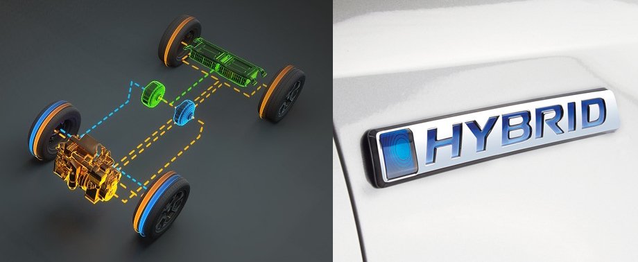 Условная схема i-MMD на примере CR-V. Зелёным показаны аккумулятор и тяговый электромотор. Синим — мотор-генератор. На деле оба электродвигателя тесно сгруппированы рядом с ДВС (жёлтый цвет).