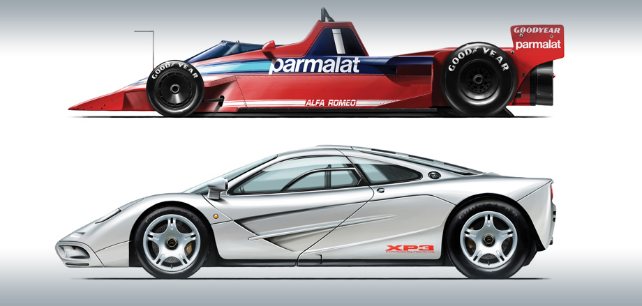             В списке работ Мюррея немало спортивных моделей и гоночных машин, сити-каров, родстеров... Но сам Гордон выделяет особо инновационные: болид Формулы-1 <a href="/e/BuZtgEAAAHI" class="c-link">Brabham BT46B «Fan Car»</a> (1978 год), отличившийся огромным вентилятором в корме, откачивающим воздух из-под днища, и трёхместный McLaren F1, который с 1998 по 2005 год удерживал рекорд по максималке среди серийных дорожных моделей (386,5 км/ч).
