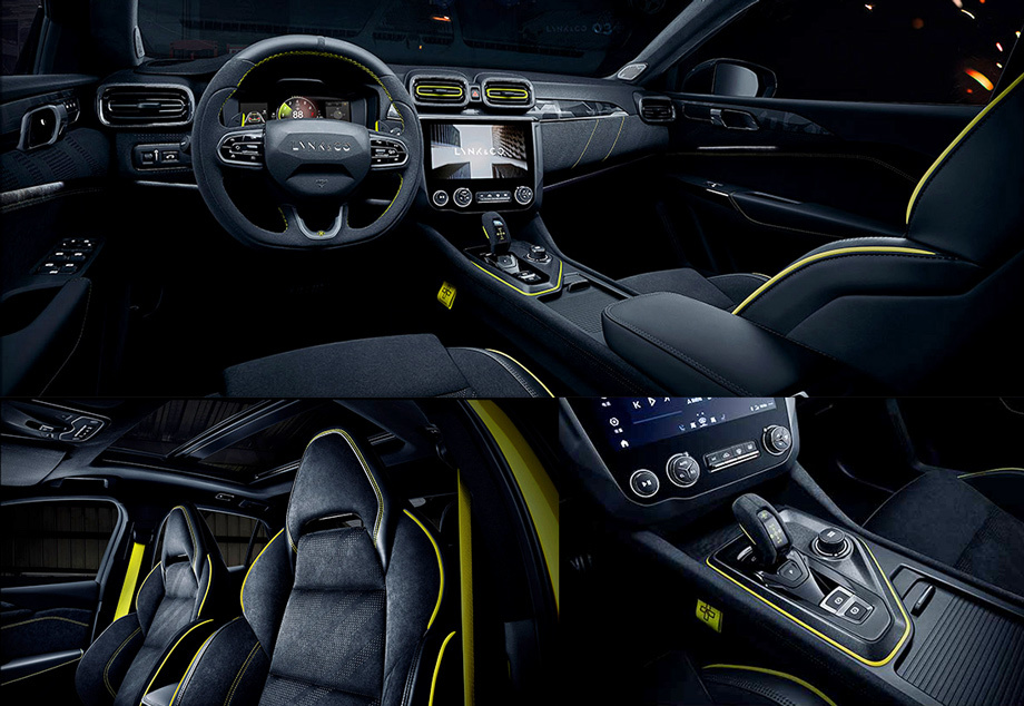             «Спортивные» сиденья обшиты алькантарой, так же как мультируль, селектор «автомата», панели там и сям. Ядовито-жёлтыми сделаны не только прострочка и акценты, но и ремни безопасности. На приборке в новом режиме главную роль играет тахометр.
