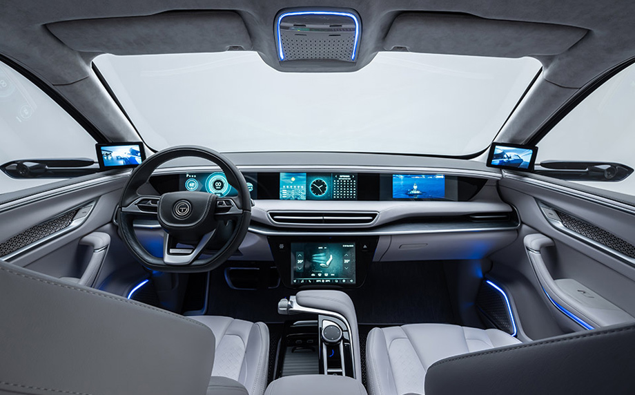 В салоне использована четырёхэкранная система: приборка, мультимедийная установка, климат-контроль и пассажирский экран. Последний дисплей передаёт привет <a href="https://www.drive.ru/test-drive/porsche/5d9db4e0ec05c4cd7700004d.html" target="_blank" rel="noopener" class="c-link">Тайкану</a>. И это не считая дисплеев от зеркал-камер.