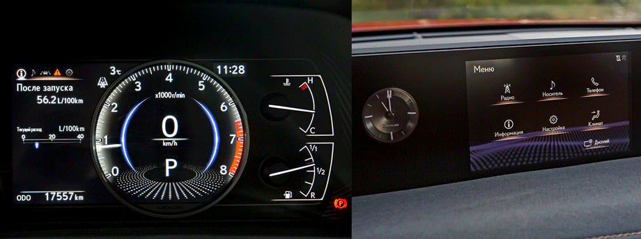             Крупный цифровой спидометр Лексуса нормально считывается. Стрелочные часы оттесняют и без того мелкий семидюймовый дисплей на периферию. Структура меню понятна, но бесит управление при помощи тачпада на центральном тоннеле.
