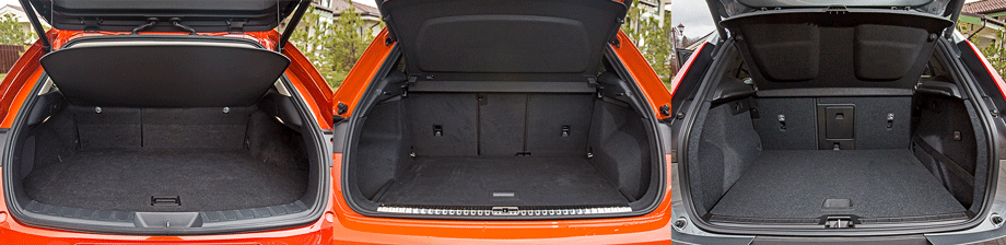             В пенальчике Лексуса (слева) нет даже лючка. Самый вместительный и практичный отсек у Q3. Volvo немного уступает Audi по объёму, зато позволяет разместить под настилом верхнюю полку. Во всех трёх машинах спинка складывается вровень с полом.
