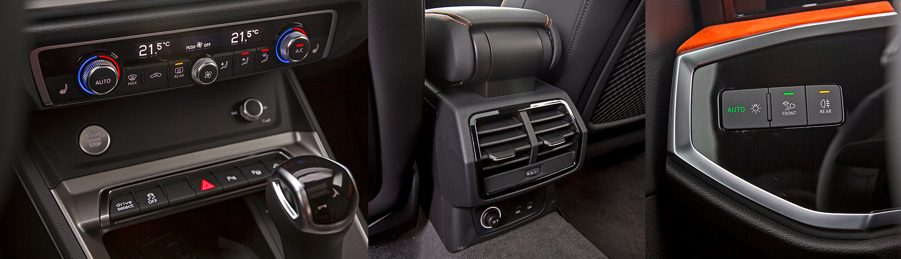             Климат-контроль стандартен для исполнения Sport, а в «базе» Audi оснащается кондиционером. Блок управления эргономически безупречен. Зон может быть три, но у тестовой машины сзади только дефлекторы. Слева от руля расположены кнопки управления светом.
