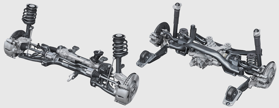             Передняя подвеска скомпонована на стойках McPherson, задняя ― многорычажная. Передаточное отношение рулевого управления ― 14,8:1. У опционного механизма с прогрессивной нарезкой зубьев это значение относится только к околонулевой зоне, а к краям рейки оно уменьшается до 11,4:1.
