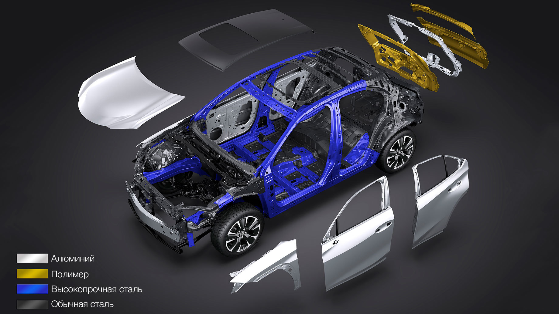             В силовой структуре кузова широко используется высокопрочная сталь, доля которой не уточняется. Для увеличения жёсткости кузова помимо обычной сварки использована лазерная (протяжённость швов составляет 33 м), а также клеевые соединения. Двери, крылья и капот, а также рамка двери багажника выполнены из алюминия.
