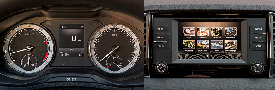             Приборы с белыми цифрами на сером фоне ― худшие. Спасает крупный цифровой спидометр. Маленький экран медиакомплекса выглядит настолько ретроградным, что в голову не приходит к нему прикасаться. На самом деле тачскрин позволяет даже изменить оттенок подсветки.
