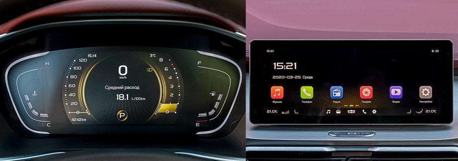             Хороши все три стиля цифровой панели. Даже номер передачи отображается. Удобны кнопки громкости и выключения экрана под дисплеем медиасистемы. Отличная картинка с камер кругового обзора кривовато сшивается в 3D-изображение. Есть встроенный видеорегистратор!
