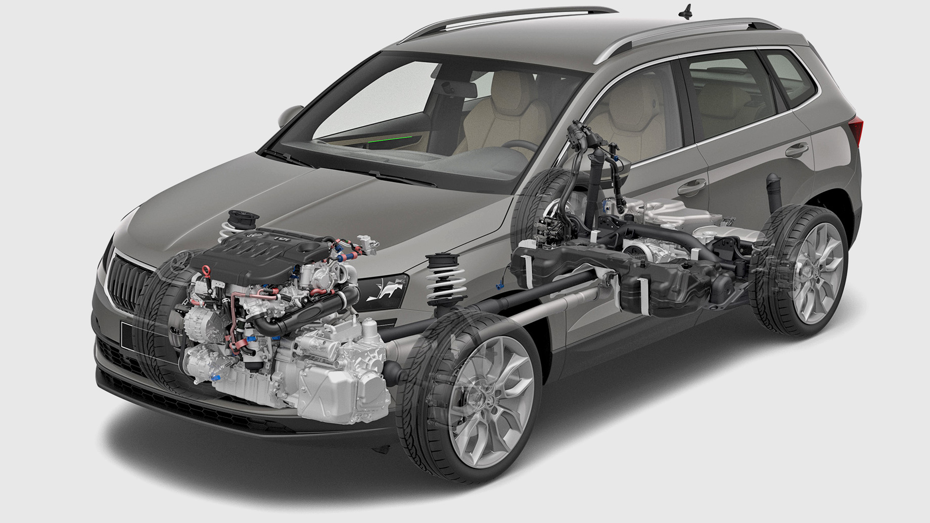             В основе Карока — платформа MQB. Спереди — стойки McPherson, а конструкция задней подвески зависит от привода. Переднеприводные модификации оснащаются скручивающейся балкой, в то время как на кроссоверы со всеми ведущими колёсами ставят четырёхрычажку. Поэтому величина колёсной базы отличается: у моноприводных машин она составляет 2638 мм, а у версий 4х4 — на восемь миллиметров меньше.
