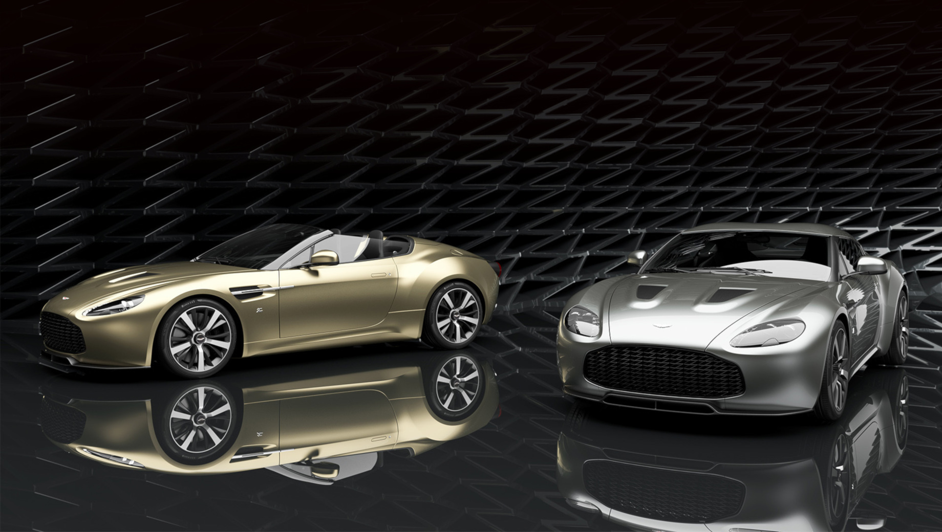 Aston martin v12 zagato,Aston martin v12 vantage,Aston martin v12 zagato heritage. Пара получит золотистый значок Z, изготовленный к столетию Zagato. Купе щеголяет крышей в виде фирменного двойного «пузыря», а Speedster оправдывает название, ибо у этой модели крыши просто нет.