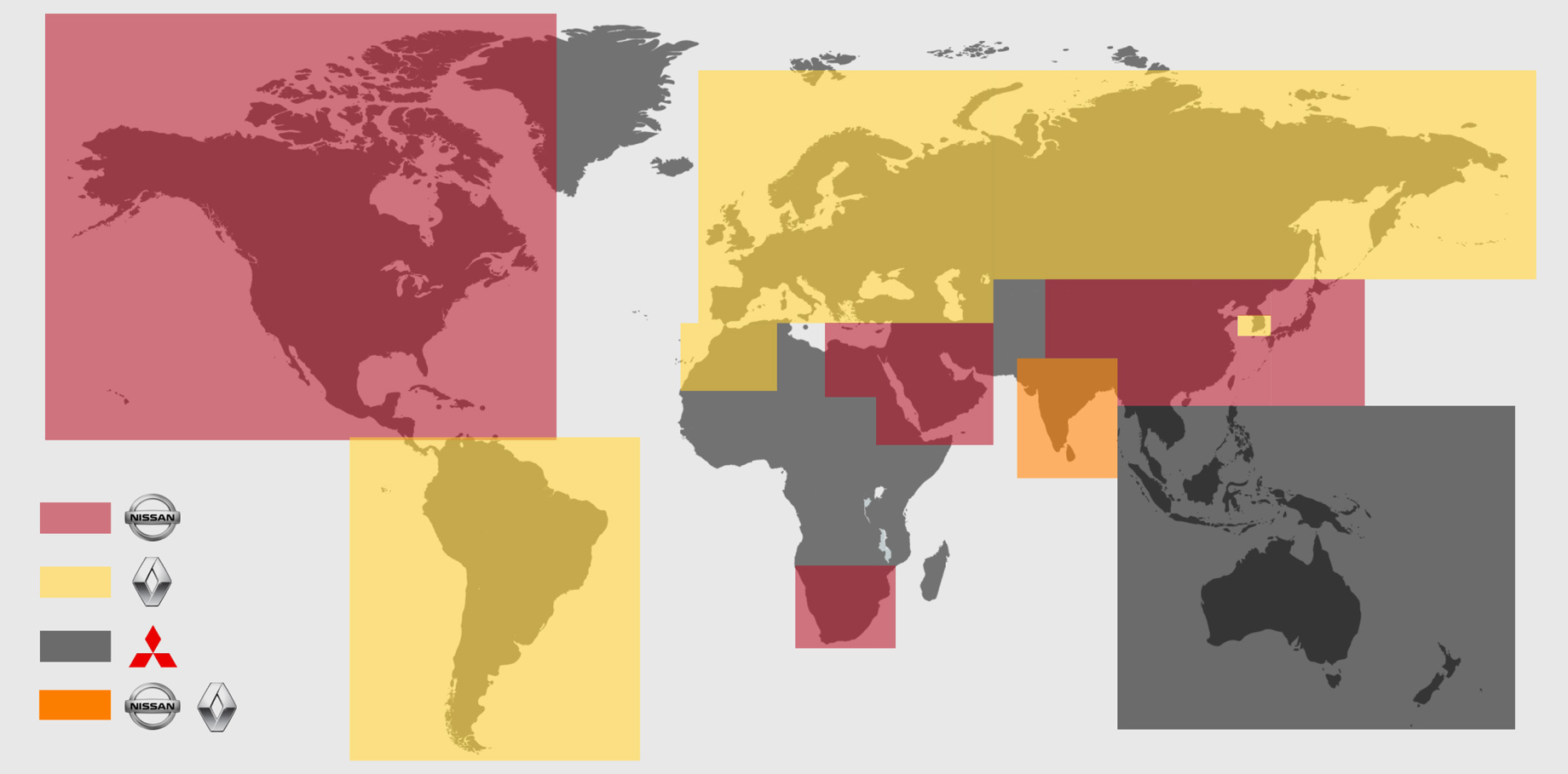 Визуализация на карте мира показывает один регион (оранжевый) со смешанным «лидерством» Renault и Ниссана. Это Индия. Nissan продаёт там <a href="/e/B8aKQEAACaA" class="c-link">Kicks</a> и содержит <a href="/e/B7jPQEAABVE" class="c-link">Datsun</a>, а реношники предлагают обновлённые <a href="/e/B24ygEAAAcI" class="c-link">Duster</a> и <a href="/e/B4Z3QEAAAdM" class="c-link">Kwid</a>, новый <a href="/e/B2jxAEAAA-Q" class="c-link">Triber</a>, а также <a href="/e/Bk7GgEAACV4" class="c-link">Kaptur</a> по имени Captur.