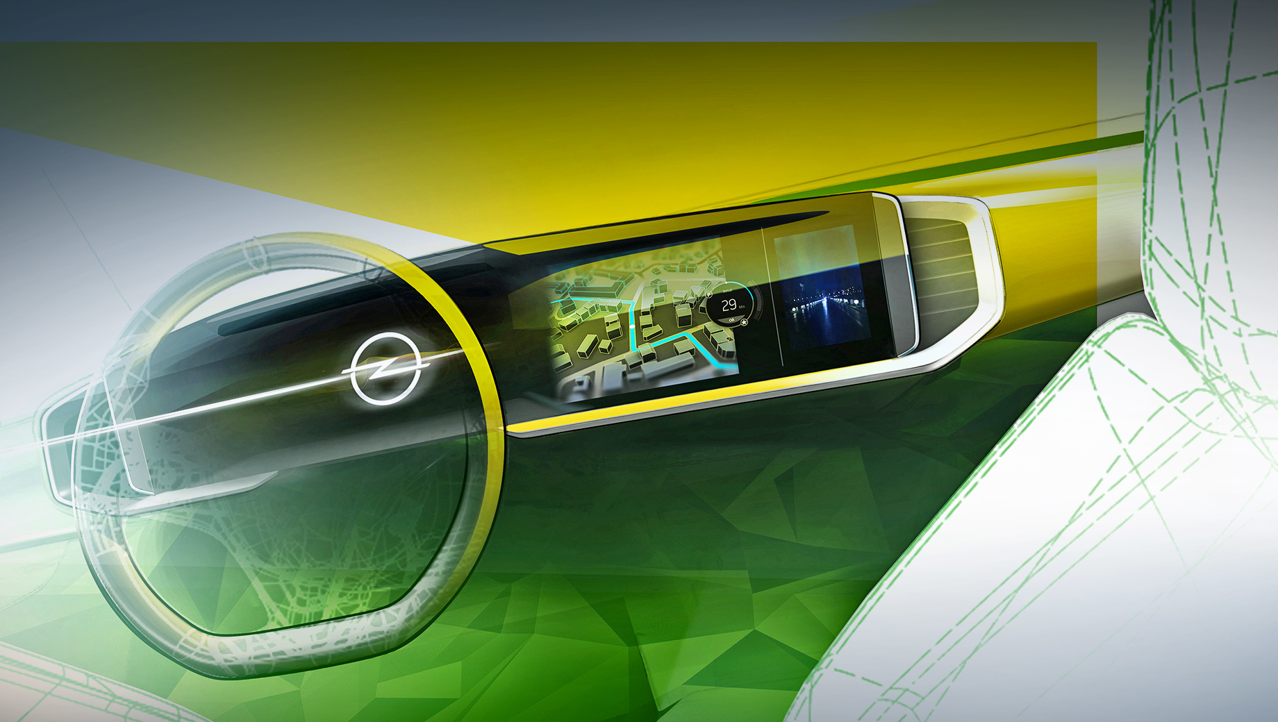 Opel mokka. «Чистая панель», собирающая цифровую приборку и центральный дисплей под единым стеклом, была заявлена два года назад концептом Opel GT X. Она считается средством «визуальной детоксикации», сводящим к минимуму количество физических кнопок и просто лишних элементов.