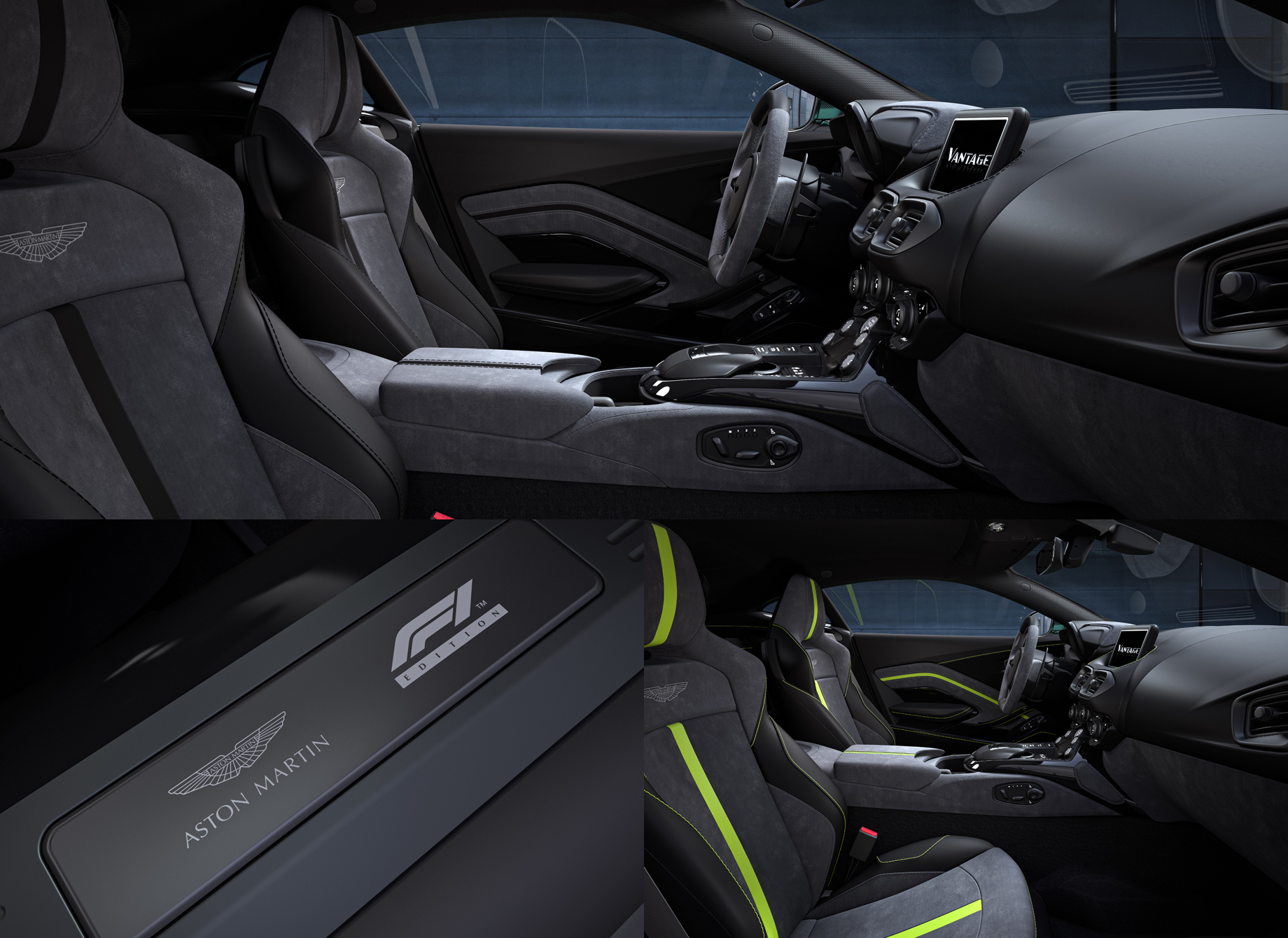             Салон затянут в кожу Obsidian Black и алькантару Phantom Grey, а контрастные полосы на креслах и прострочка интерьера могут быть цветов Lime Green, Obsidian Black, Wolf Grey или Spicy Red на выбор.
