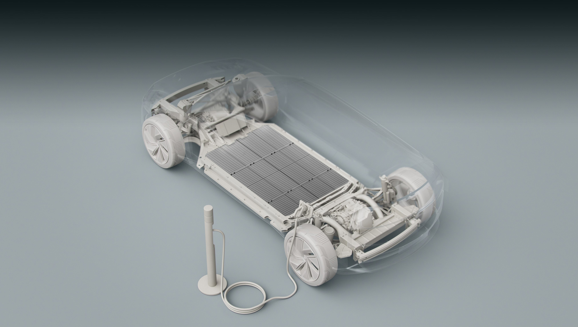 Volvo xc60. Перспективные Volvo, судя по эскизу, получат платформу, сразу оптимизированную под электропривод: посмотрите на огромную плоскую батарею и тяговые модули (электромотор плюс редуктор) на каждой из осей.